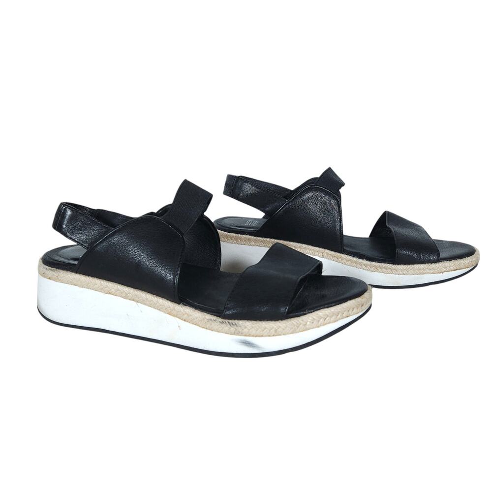 Eileen Fisher Womens Platform Sandals 10 Black Leather Espadrille Wedge Sporty